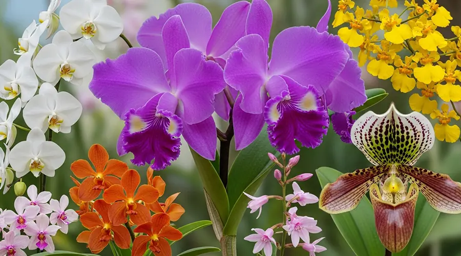 A collage of several types of orchids with very different shapes, colors, and sizes, showing the unique diversity of this plant family.