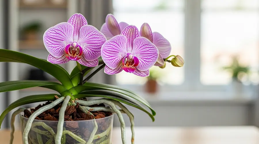 A beautiful close-up photo of a Phalaenopsis orchid with open, colorful petals, in a transparent pot that also shows its healthy roots, suitable for beginners.