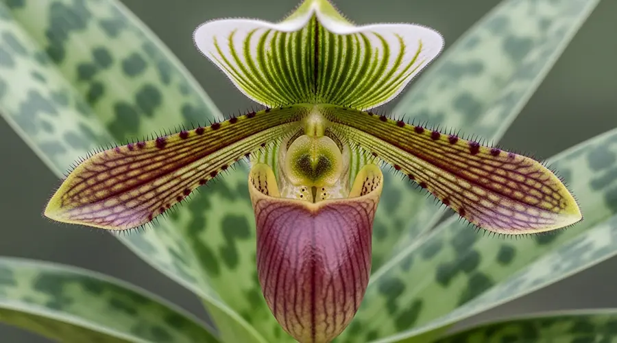 A clear image of a Paphiopedilum orchid with its pouch-shaped flower and patterned leaves, highlighting its unique appearance.