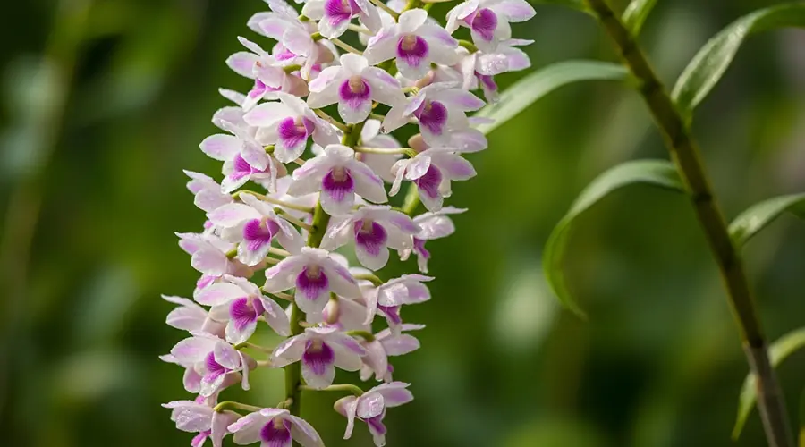 A cluster of small and numerous Dendrobium orchid flowers, arranged on a long, slender stem, creating a cascading effect.