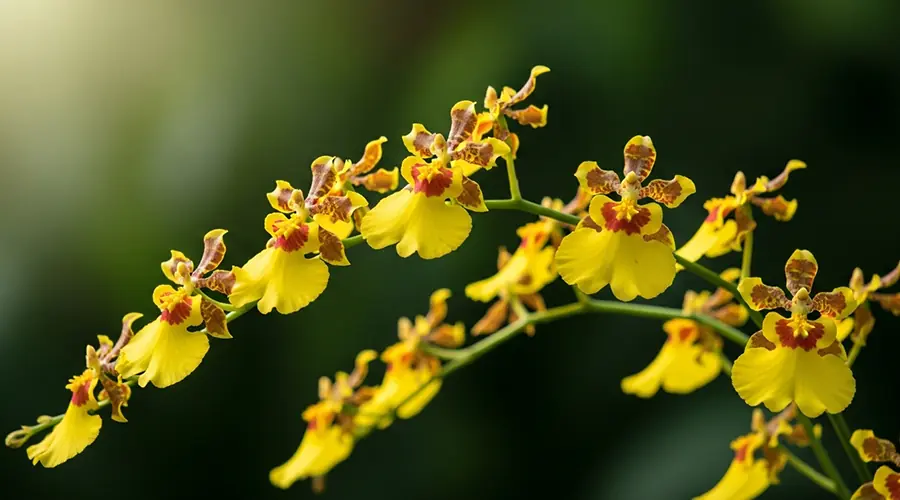 A picture of an Oncidium orchid with yellow and brown petals that resemble a dancing lady's skirt, conveying a dynamic feel.