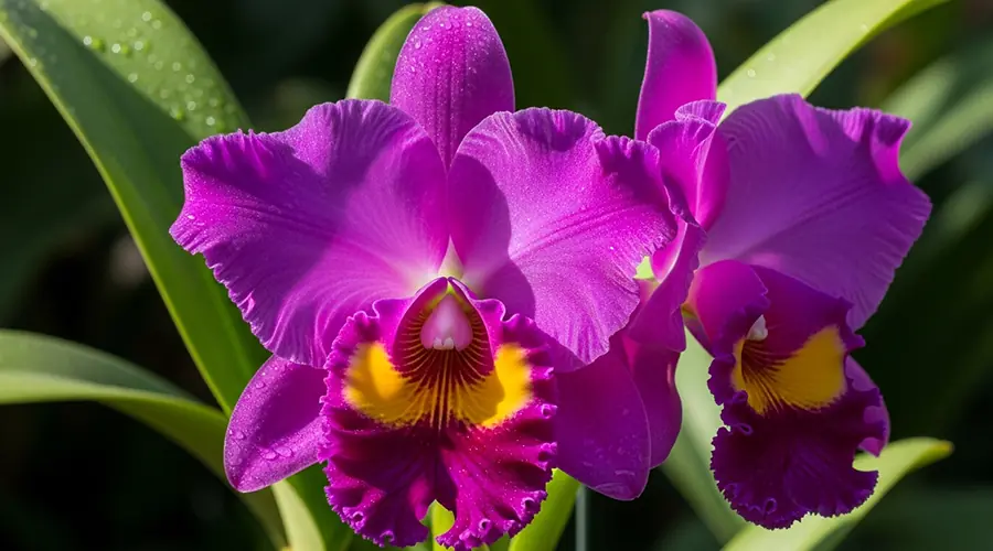 A magnificent and large Cattleya orchid with large, prominent petals, in a saturated color, showing its grandeur and beauty.