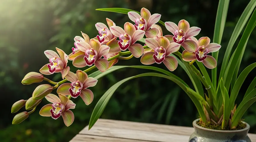 A beautiful cluster of waxy and long-lasting Cymbidium orchid flowers, arranged on long, arching stems, showcasing the distinctive beauty and durability of this particular orchid species.