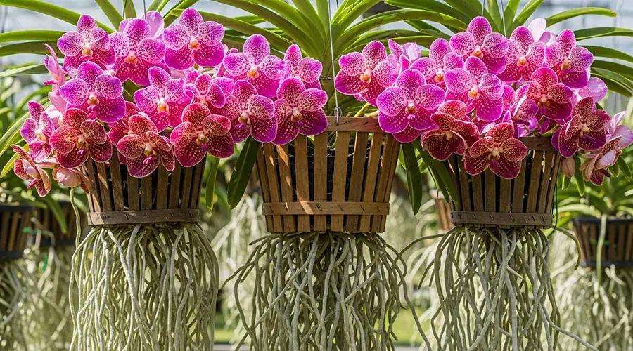 A vibrant Vanda orchid growing in an open wooden basket, suspended, with thick, aerial roots hanging freely beneath it, showcasing its large, colorful, and striking flowers.