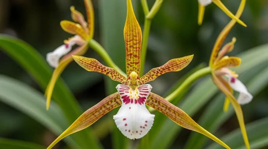 A close-up shot of a Brassia orchid (spider orchid), featuring its long, slender petals and sepals that give it a distinct spider-like appearance.