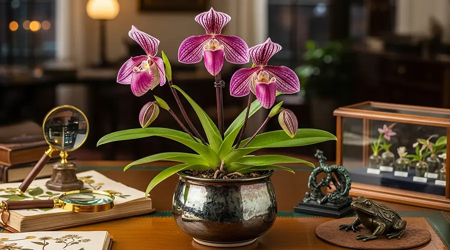 An artistic photograph of a rare and exotic orchid species, highlighting its unique details, perhaps unusual leaf patterns or intricate flower structures, displayed in an elegant pot.