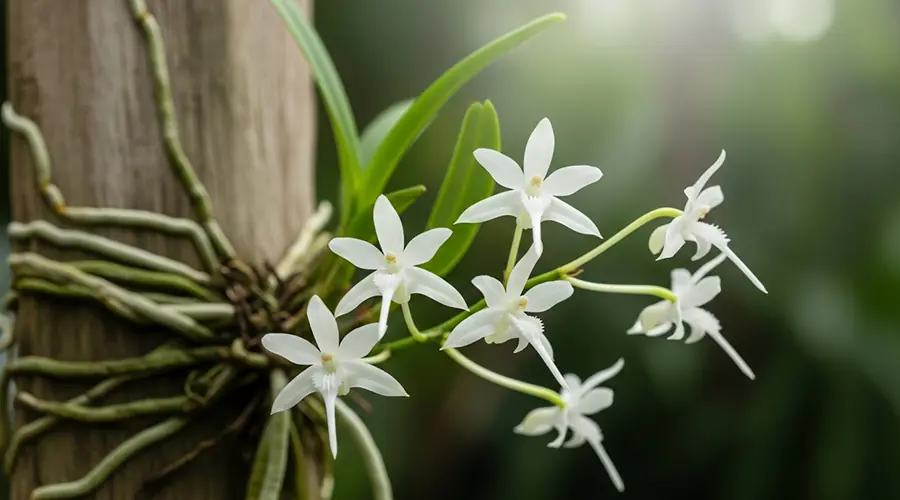 Delicate, star-shaped flowers of an Aerangis orchid, elegantly mounted on a piece of wood, showcasing their ethereal beauty.
