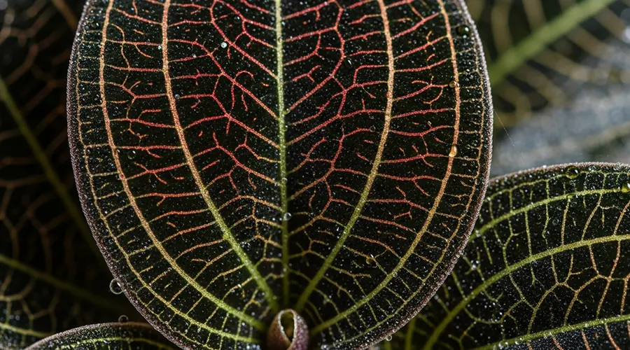 A close-up shot of the dark, velvety leaves of a Ludisia orchid (Jewel Orchid), featuring prominent, shimmering red or golden veins.