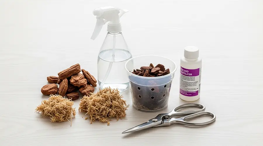 A neatly arranged collection of essential orchid care tools, including a transparent orchid pot, bark medium, sphagnum moss, a water spray bottle, fertilizer, and sterile pruning shears.