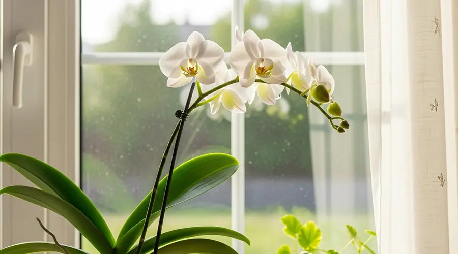 A healthy Phalaenopsis orchid placed near an east or north-facing window, bathed in soft, indirect sunlight that gently illuminates its leaves.