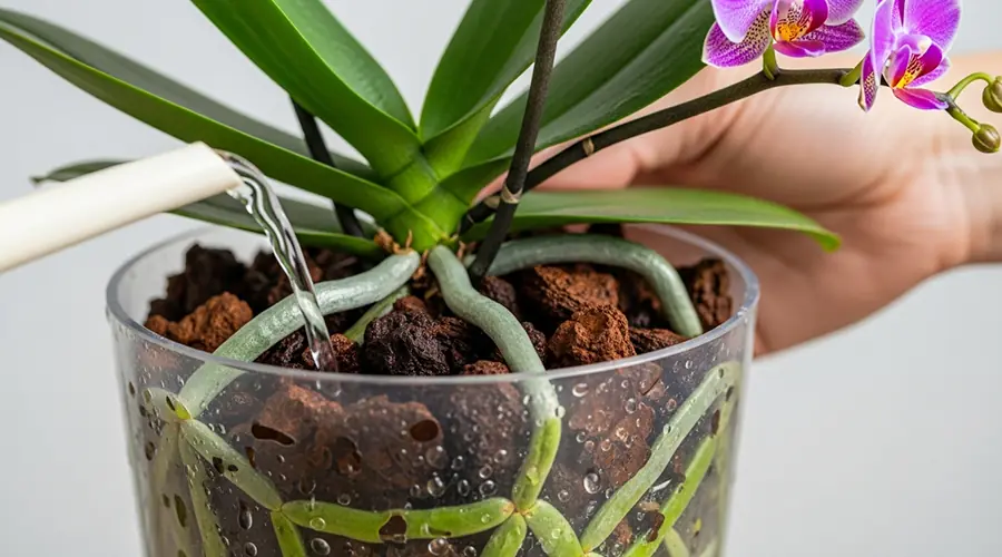 A group of orchids on a humid pebble tray or near a small cool-mist humidifier, indicating a high-humidity environment for them.