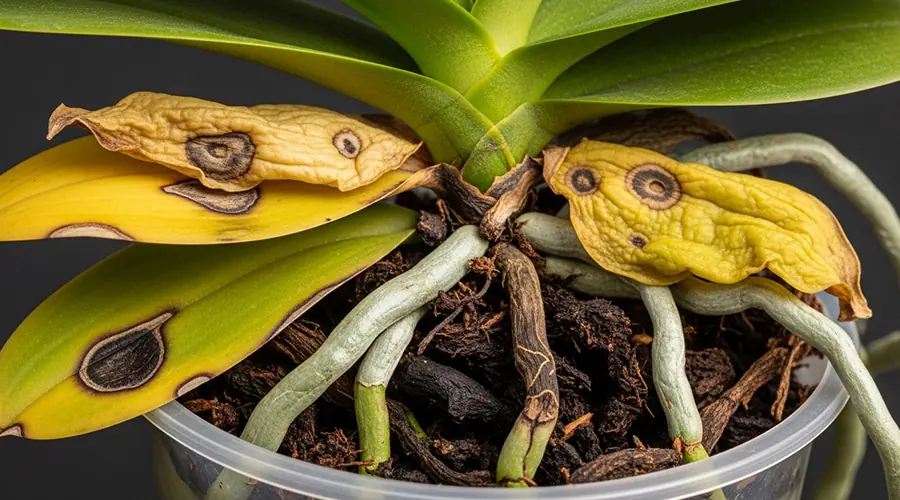 A close-up view of an orchid's leaves and roots showing signs of common problems like yellowing leaves, root rot (browning), or fungal spots.